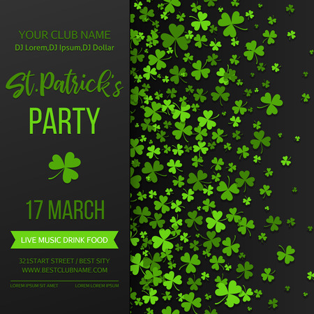 Saint Patrick s Day poster with green four and tree leaf clovers on black background. Vector illustration. Party invitation design, typographic template. Lucky and success symbolsのイラスト素材