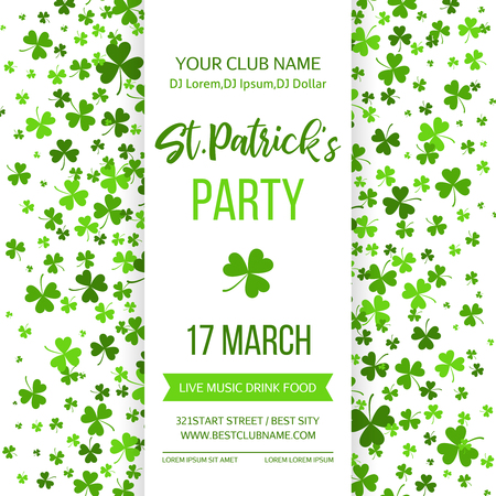 Saint Patrick s Day poster with green four and tree leaf clovers on white background. Vector illustration. Party invitation design, typographic template. Lucky and success symbolsのイラスト素材