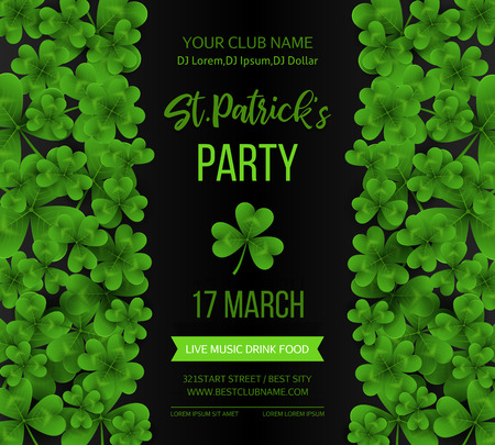 Saint Patrick s Day poster with green four and tree leaf clovers on white background. Vector illustration. Party invitation design, typographic template. Lucky and success symbols.のイラスト素材