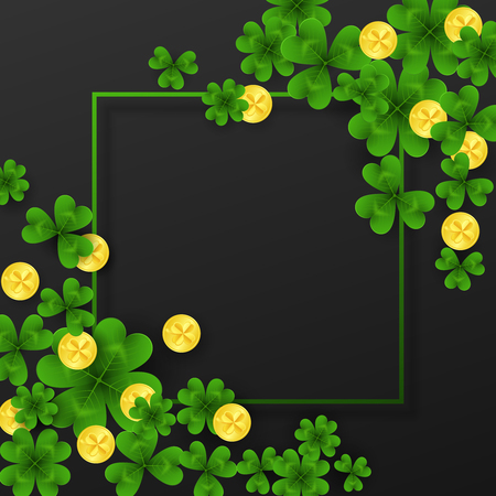 Saint Patrick Day frame with corner decoration green , gold four and tree Leaf clovers,golden coins on white background. Party invitation template.Lucky,success and money symbols vector illustration.のイラスト素材