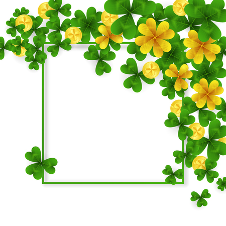 Saint Patrick's day border with green and gold four or three leaf clovers and golden coins on white background. Party invitation template lucky, success and money symbols vector illustration.のイラスト素材