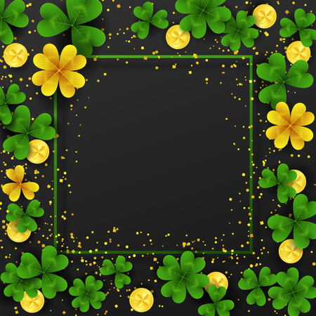 Saint Patrick's day border with golden shimmer, green, gold four or three leaf clovers, golden coins on black background. Party invitation template, lucky,success and money symbols vector illustration.のイラスト素材