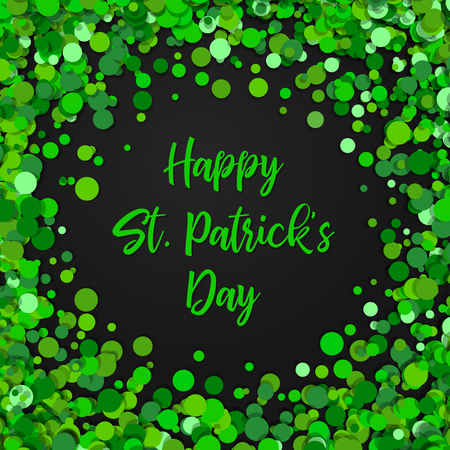 Saint Patrick s Day frame with green four and tree leaf clovers on black background. Vector illustration. Party invitation design, typographic template. Lucky and success symbolsのイラスト素材