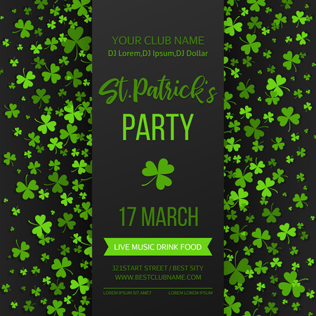 Saint Patrick s Day poster with green four and tree leaf clovers on white background. Vector illustration. Party invitation design, typographic template. Lucky and success symbolsのイラスト素材