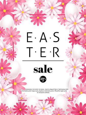 Easter sale, season offers and discounts background. Pink flowers and white eggs frame. Vector illustration.のイラスト素材