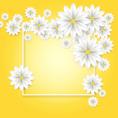 Floral background. White paper flowers frame poster with beautiful blossom background. Vector illustration.のイラスト素材