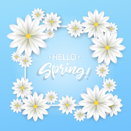 Hello Spring.Hand lettering with white flowers frame.Paper chamomile on blue background. Vector illustration.のイラスト素材