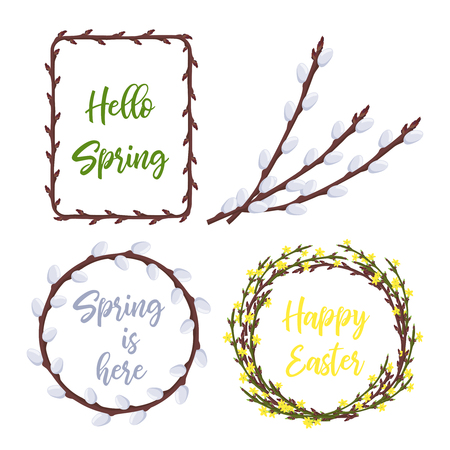 Spring wreaths and frames set.Lettering and garden flowers seasonal decorations for invitations, weddings, announcements and sales. Vector illustrationのイラスト素材