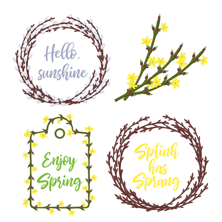 Spring wreaths and frames set.Lettering and garden flowers seasonal decorations for invitations, weddings, announcements and sales. Vector illustration on white backgroundのイラスト素材