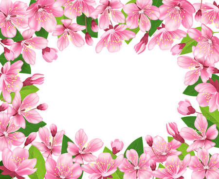 Cherry blossom background. Pink spring flowers frame. Cartoon style vector illustrationのイラスト素材