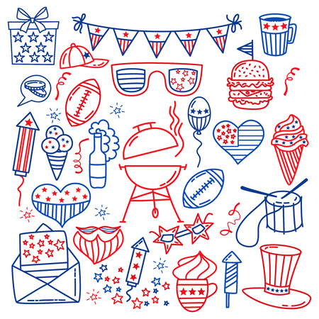 4 july. USA independence day icons isolated on white background.Hand draw traditional United States symbols . Doodle style vector illustrationのイラスト素材