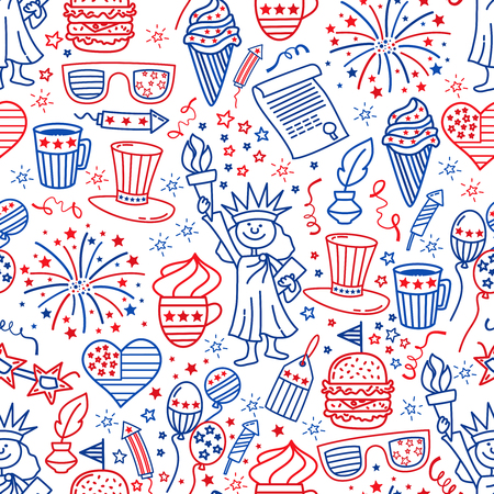 4 july. USA independence day seamless background.Hand draw traditional United States symbols . Doodle style vector illustrationのイラスト素材
