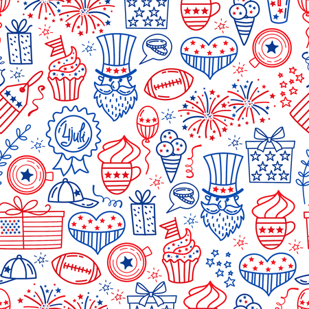 4 july. USA independence day seamless background.Hand draw traditional United States symbols . Doodle style vector illustrationのイラスト素材