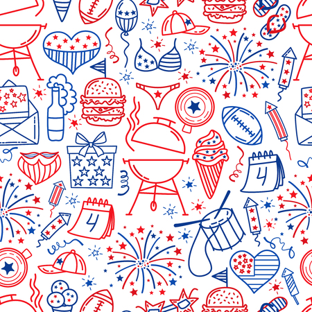 4 july. USA independence day seamless background.Hand draw traditional United States symbols . Doodle style vector illustrationのイラスト素材