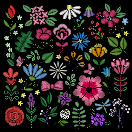 Embroidery elements. Flowers, leaves, dragonflies, butterflies embroidered on black background. Floral motifs for creating handmade design.Fashion design. Vector embroidered illustration.のイラスト素材