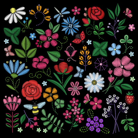 Embroidery elements. Flowers, leaves, dragonflies, butterflies embroidered on black background. Floral motifs for creating handmade design.Fashion design. Vector embroidered illustration.のイラスト素材