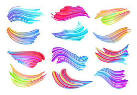 Set of colorful brush strokes. Wave liquid shape color element isolated on white background. Brushstroke oil or acrylic digital paint for trendy design . Abstract vector illustrationのイラスト素材