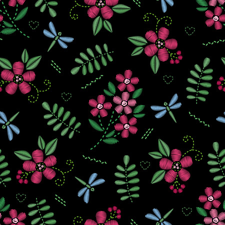 Embroidery seamless pattern with beautiful flowers and dragonflies.Vector floral ornament on black background. Embroidery for fashion textile and fabric.のイラスト素材