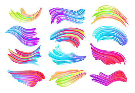 Set of colorful brush strokes. Wave liquid shape color element isolated on white background. Brushstroke oil or acrylic digital paint for trendy design . Abstract vector illustrationのイラスト素材