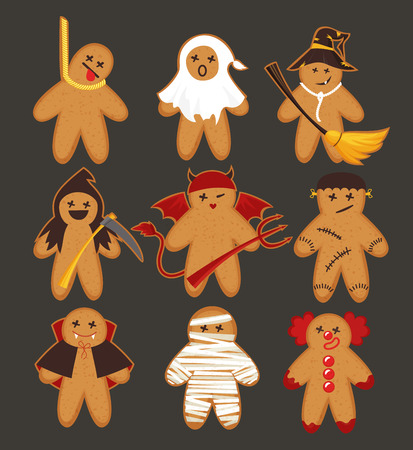 Cartoon cute funny Halloween cookies. Gingerbread horror characters set. Vector illustrationのイラスト素材
