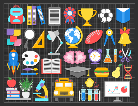 Paper cut out school icons trendy craft style set . Modern teaching, education and learning symbol design. Background for poster, banner. Vector illustration.のイラスト素材