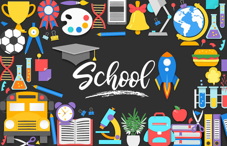 Different school supplies on black chalkboard background. Decoration elements for Back to school holiday. Cut out paper style vector illustrtationのイラスト素材