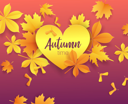 Autumn time.Seasonal lettering on paper cut golden heart. Fall leaves 3d paper style background. Vector illustrationのイラスト素材