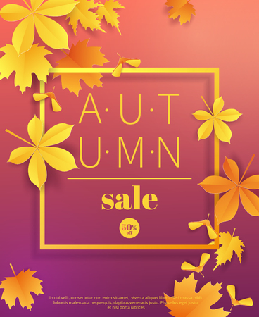 Autumn sale vintage typography poster with gold paper cut leaves.Seasonal sale flayer. Fall leaves 3d paper style background. Vector illustrationのイラスト素材