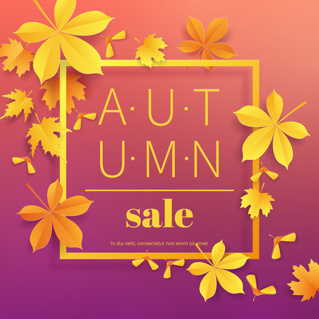 Autumn sale vintage typography poster with gold paper cut leaves on modern gradient backdrop.Seasonal sale flyer.の写真素材