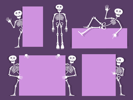 Cartoon skeleton vector bony character with banners and flyers. Paper cut out style design. Day of the dead party invitation background. Vector illustrationのイラスト素材