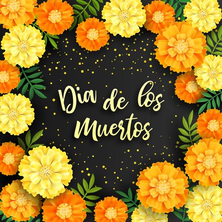 Decorative background with orange marigolds, symbol of mexican holiday Day of dead. Vector illustration.のイラスト素材