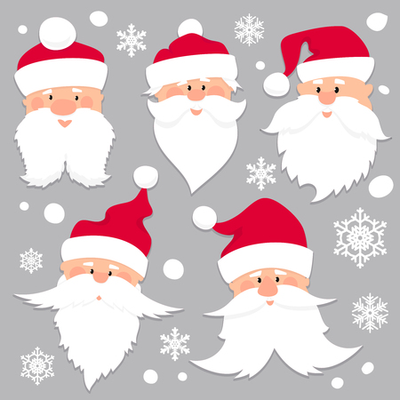 Christmas Santa Claus faces in red caps . Old men in red hat with white beard and mustache .Funny characters. Holiday season icons set. Flat paper cut style vector illustrationのイラスト素材