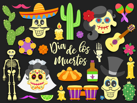 Dia de los muertos. Day of the Dead traditional mexican holiday elements set. Paper cut style flat icons with shadow on black background. Vector illustrationのイラスト素材