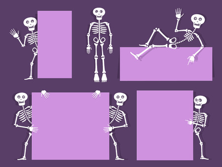 Cartoon skeleton vector bony character with banners and flyers. Paper cut out style design. Day of the dead party invitation background. Vector illustrationのイラスト素材