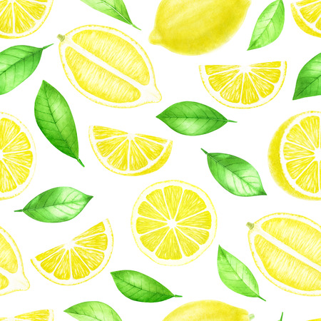 Fresh Lemon fruits whole and sliced seamless pattern. Citrus with leaves isolated on white background.  hand drawn illustration.の写真素材