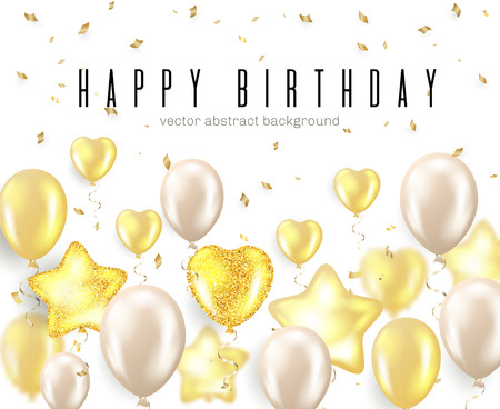 Happy Birthday celebration typography design for greeting card, poster or banner with realistic golden balloons and falling confetti. Vector illustrationのイラスト素材