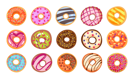 Sweet tasty donut set. Traditional culinary products isolated on white background.Colorful pastries rich toppings and flavor in 3 d. Strawberry, chocolate,caramel,stars,heart and orange sugar glazed. Cartoon style vector illustrationのイラスト素材