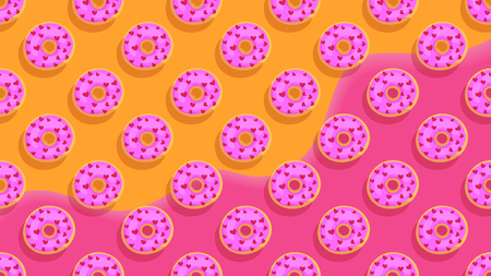 Sweet donuts.Colorful glazed pastries background. Honey,strawberry,orange and pink toppings bakery with hearts decorations top view.Cartoon flat style vector illustrationのイラスト素材