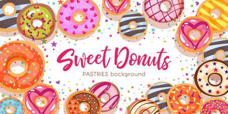 Sweet donuts.Colorful glazed pastries background. Honey,strawberry,chocolate and caramel toppings bakery with decorations top view.Cartoon flat style vector illustration.のイラスト素材