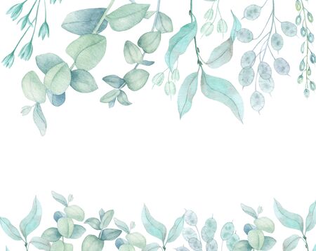 Blue plants border. Branches of eucalyptus and dried bouquets for decoration. Christmas, winter holidays, wedding, invitations, planner decorative plant elements.Watercolor illustration.の写真素材