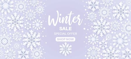 Winter sale offer.Snowfall frame with sale text and 3d paper cut snow flakes on blue background for retail seasonal promotion. Christmas seasonal banner design.New Year vector illustration.のイラスト素材