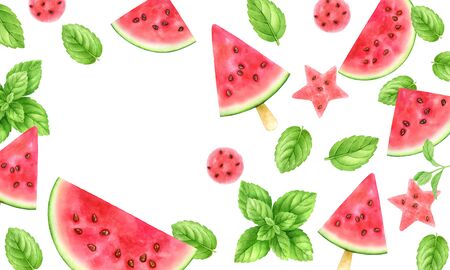 Watermelon slices,balls,stars and mint leaves.Fresh fruits and herbs isolated on white.Top view,flat lay.Summer party cocktail,smoothie,refreshing drinks background.Watercolor illustrationの写真素材