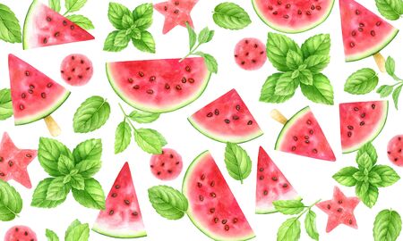 Red,pink watermelon slices and mint leaves.Fresh fruits and herbs isolated on white.Top view,flat lay.Summer party cocktail,smoothie,slushie,healthy eating,refreshing drinks background.Watercolor illustrationの写真素材