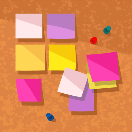 Colorful vector illustration of blank sticky notes on a cork background.のイラスト素材