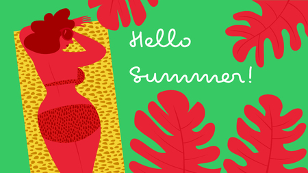 Colorful tanned woman sunbathing and tropical leaves.のイラスト素材