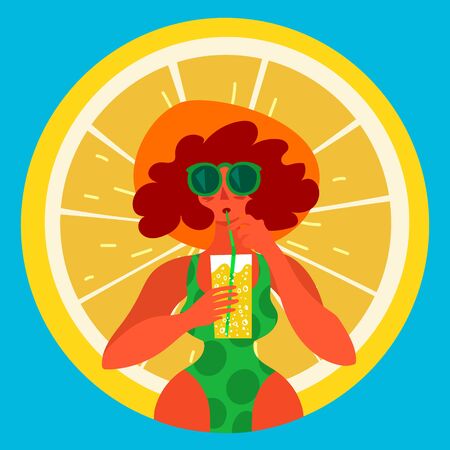 Summer Girl Drinking a Fresh Lemon Cocktailのイラスト素材