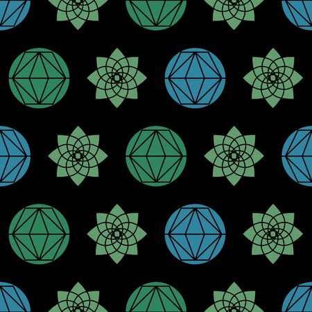 Abstract seamless repeat pattern with circles divided by geometric shapes and flowers.のイラスト素材