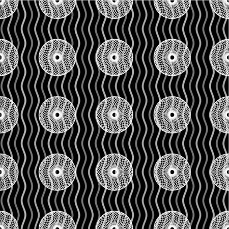 Abstract geometric seamless pattern with evenly spaced interweaving circles and wavy lines.のイラスト素材