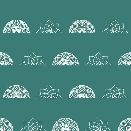 Abstract seamless repeat pattern with interweaving circles and geometric flowers cut in half, sugesting horizontal stripes.のイラスト素材