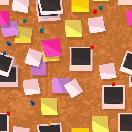 Seamless repeat pattern of corkboard with colorful sticky notes, pins and polaroids.のイラスト素材